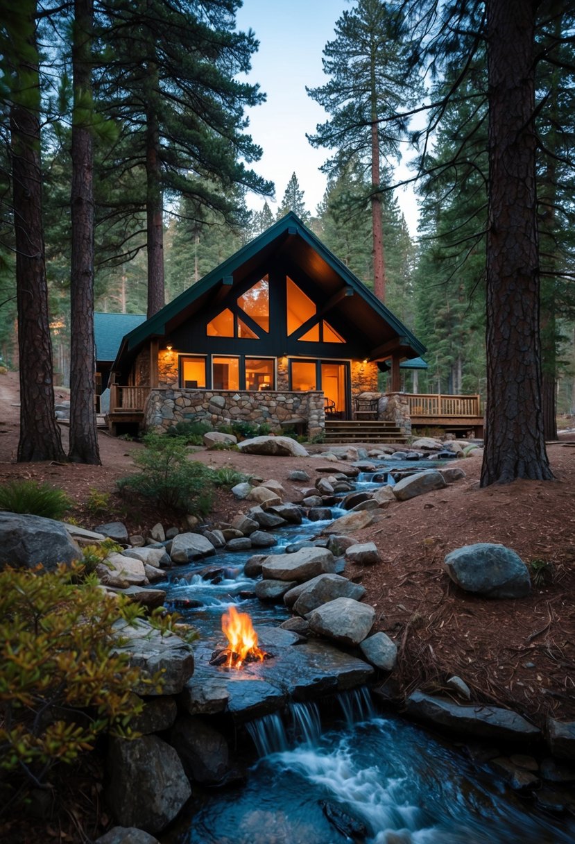 A cozy cabin nestled in the woods, surrounded by tall pine trees and a bubbling stream, with a warm fire burning in the stone fireplace