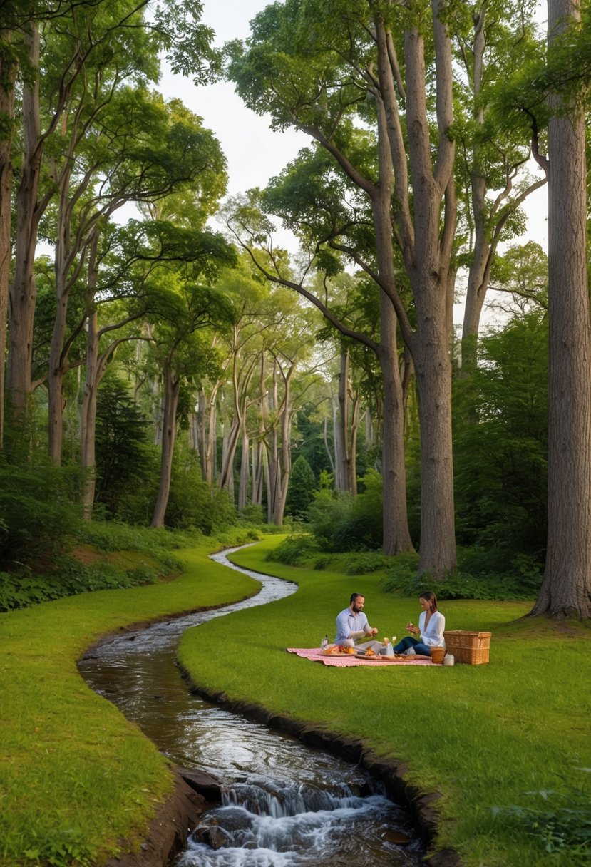 A serene forest clearing with a winding trail, a glistening stream, and a cozy picnic spread under the shade of towering trees