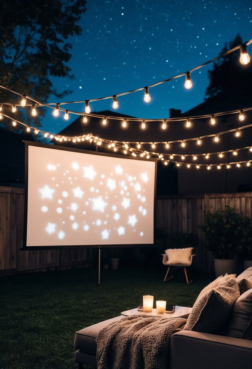 A backyard movie night: string lights, cozy blankets, and a projector screen under the stars