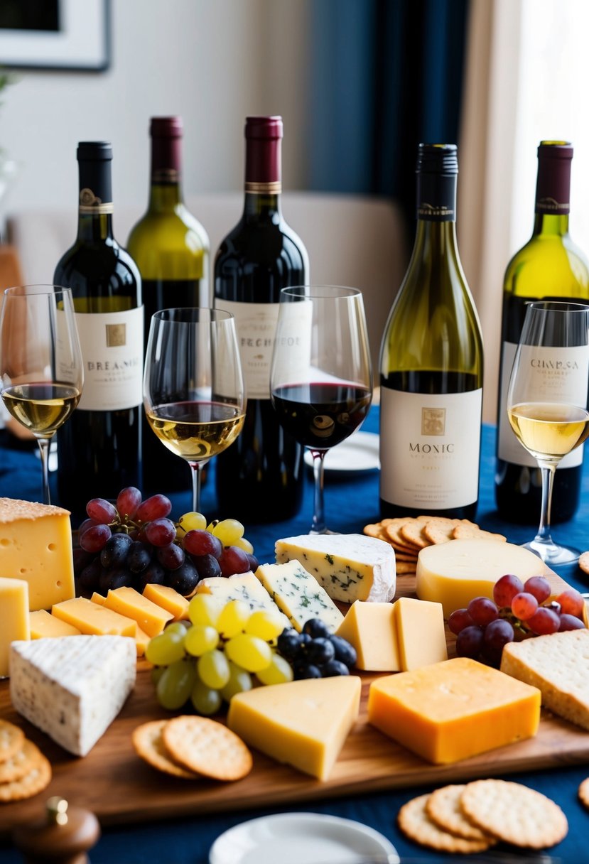 A table set with an assortment of fine cheeses, grapes, and crackers, accompanied by various bottles of wine arranged for a private tasting