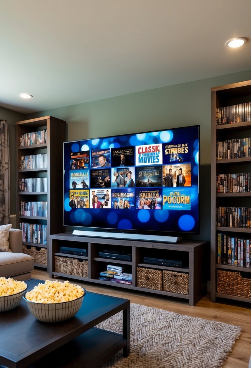 A cozy living room with a large screen TV, surrounded by shelves filled with classic movie DVDs and popcorn on the coffee table