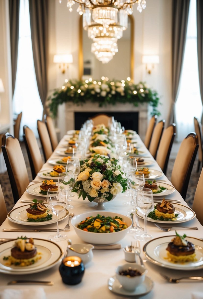 A beautifully set dining table with a spread of gourmet dishes, surrounded by elegant decor and soft lighting