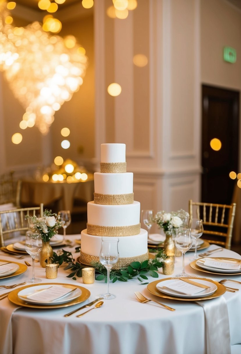 A table set with elegant dinnerware and a tiered cake, surrounded by golden anniversary decorations and soft ambient lighting