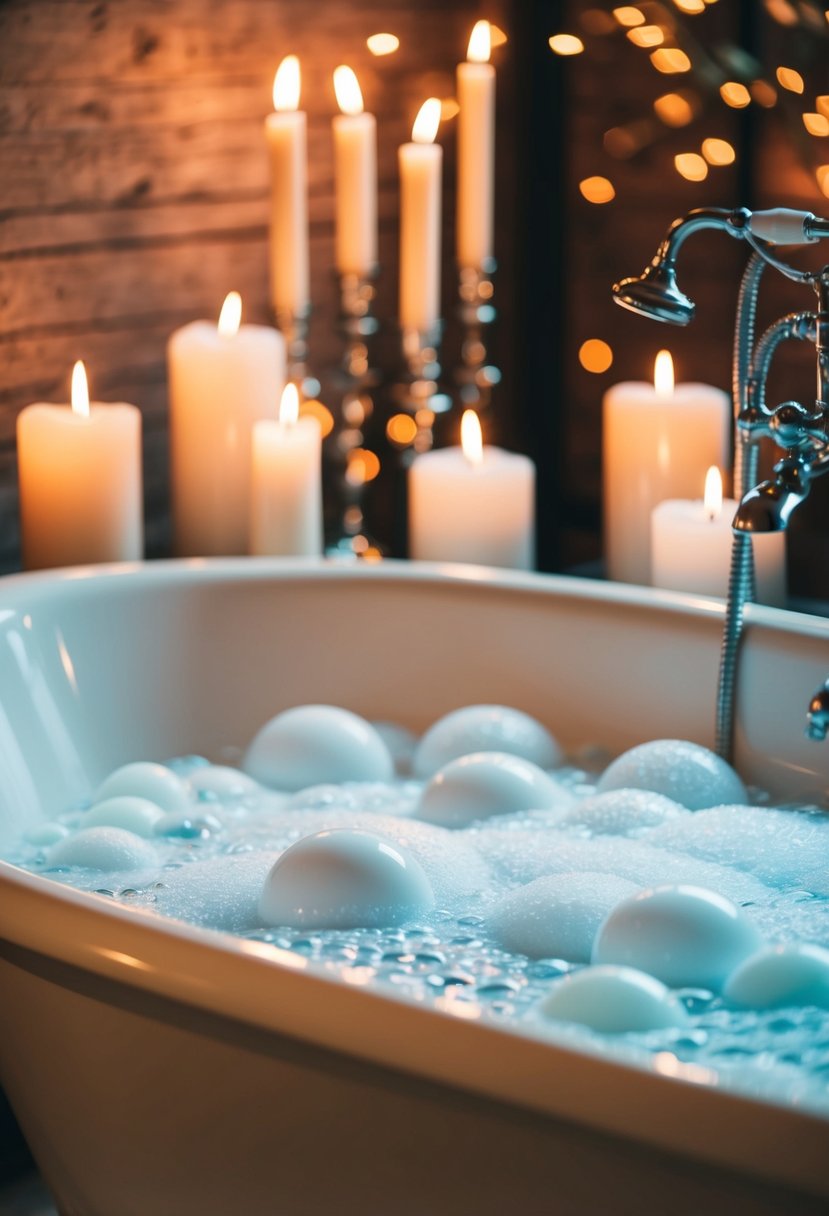 A bathtub filled with bubbles, surrounded by flickering candles