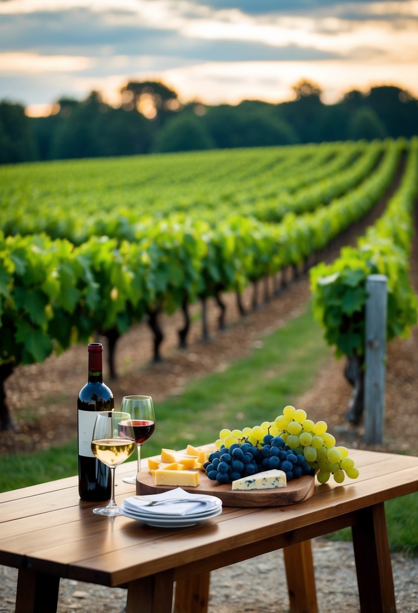 A vineyard with rows of grapevines, a rustic tasting room, and a spread of wine and cheese on a wooden table