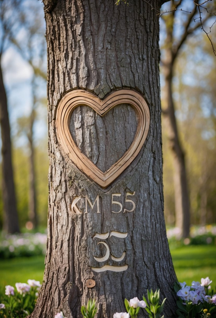 A mature tree with a heart-shaped carving and 55 rings on its trunk, surrounded by blooming flowers and a couple's initials carved into the bark