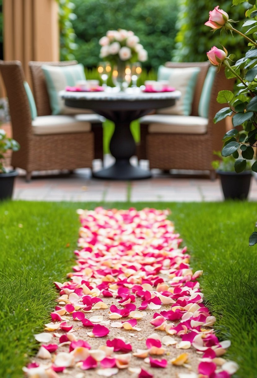 A trail of rose petals leads through a garden, past a fountain, and into a cozy living room with a table set for two