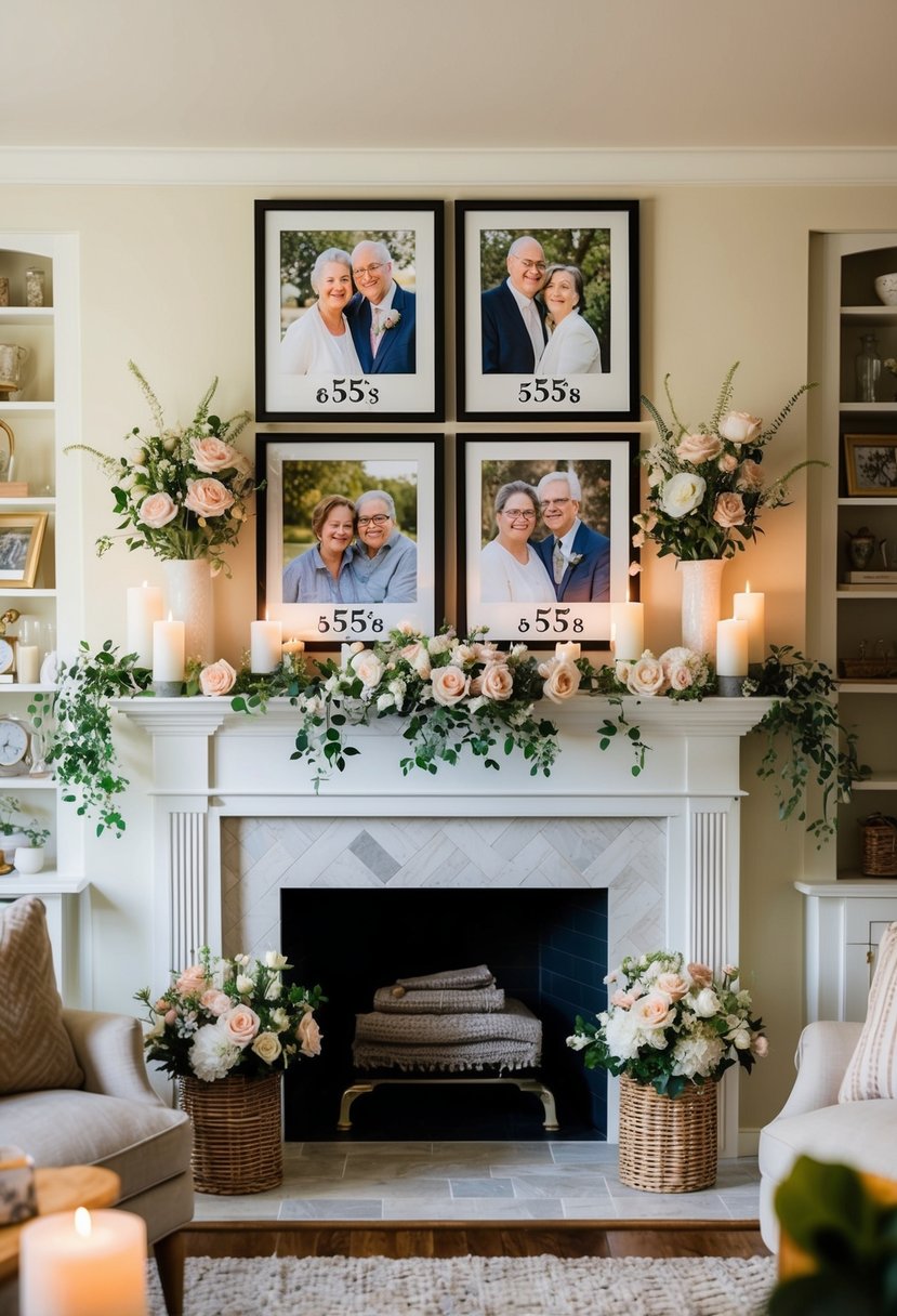 A cozy living room with a mantel adorned with framed photographs of a couple's 55 years together, surrounded by flowers and candles