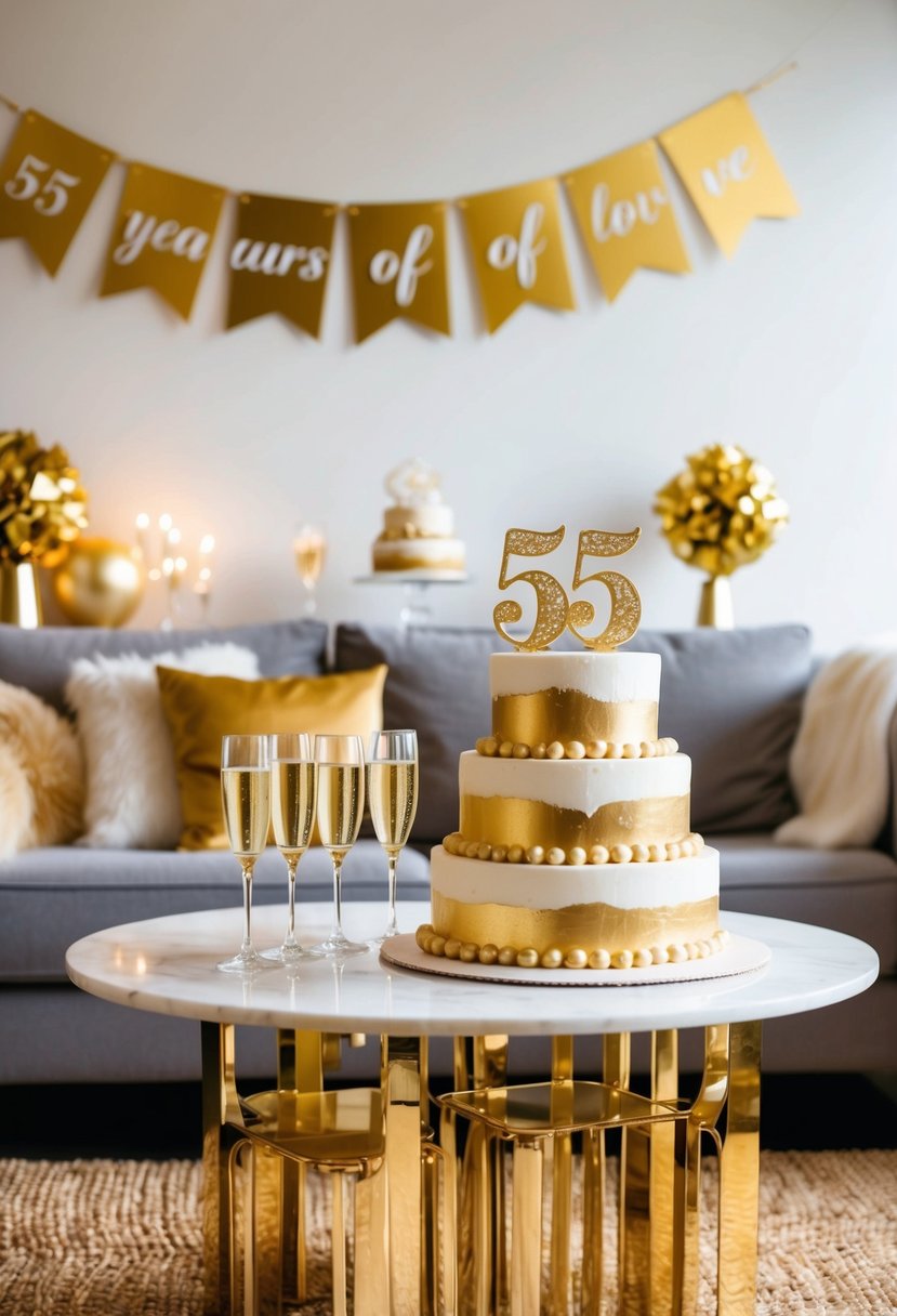 A cozy living room with golden decorations, a banner reading "55 years of love," and a table set with a tiered cake and champagne glasses