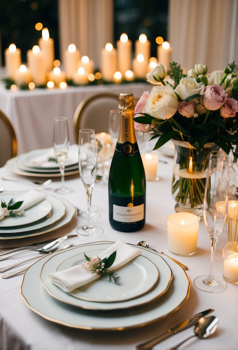 A table set with elegant dinnerware, a bouquet of fresh flowers, and a bottle of champagne on ice, surrounded by soft candlelight