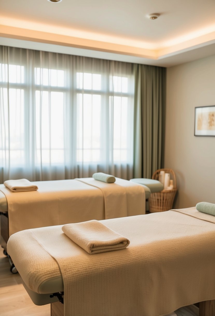 A serene spa room with two massage tables, soft lighting, and calming music