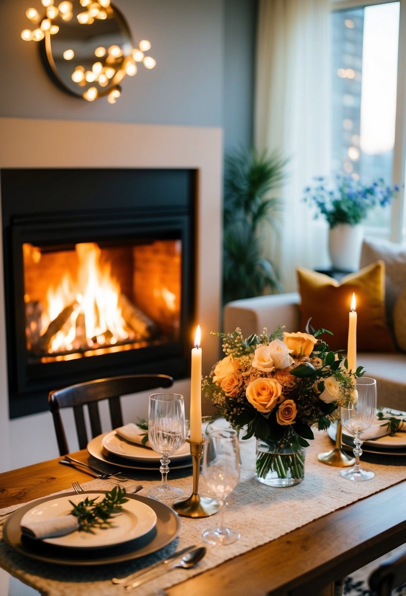 A cozy living room with a roaring fireplace, a table set for two with a candlelit dinner, and a bouquet of fresh flowers