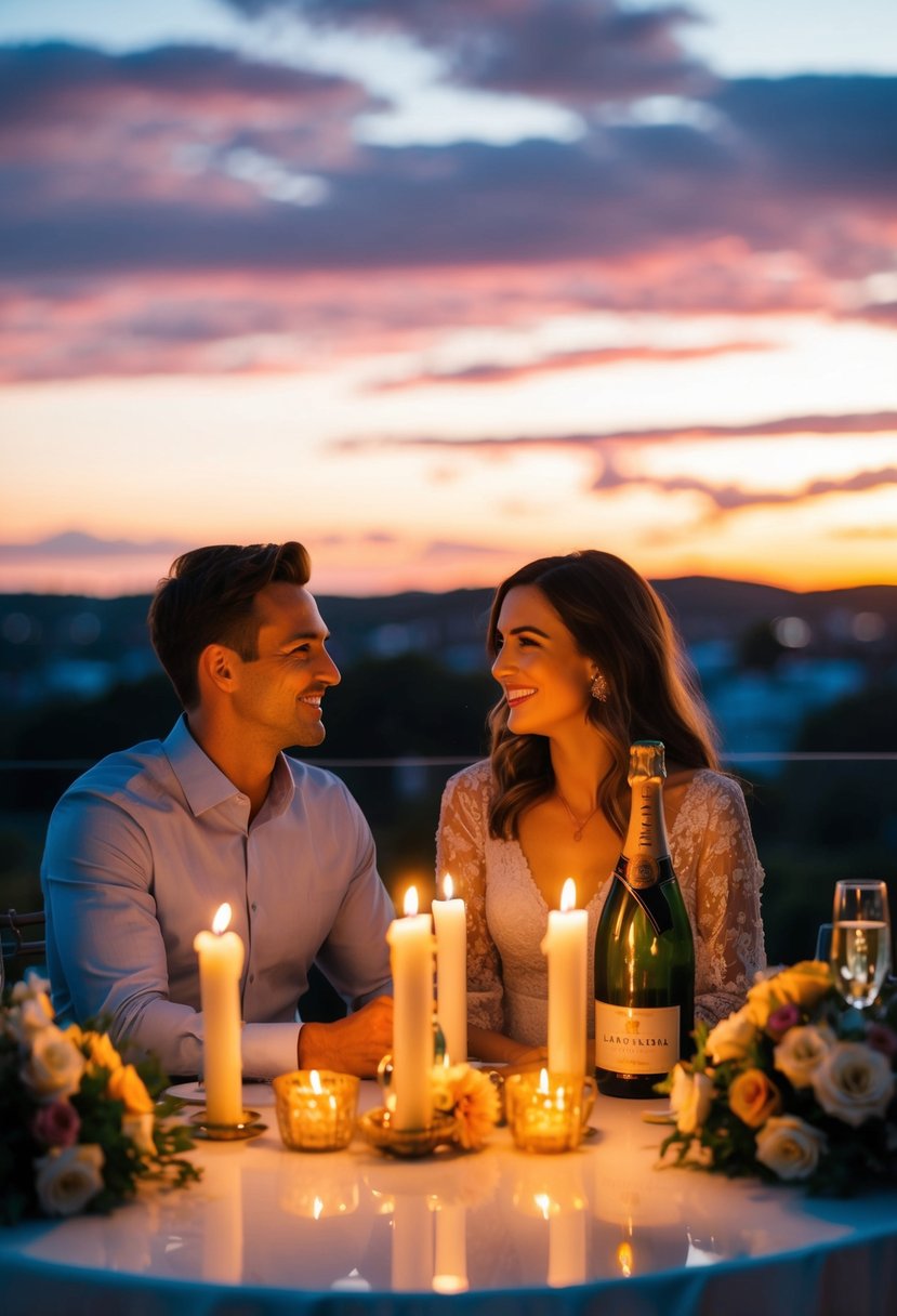 A couple sitting at a candlelit table, surrounded by flowers and a bottle of champagne, with a picturesque sunset in the background