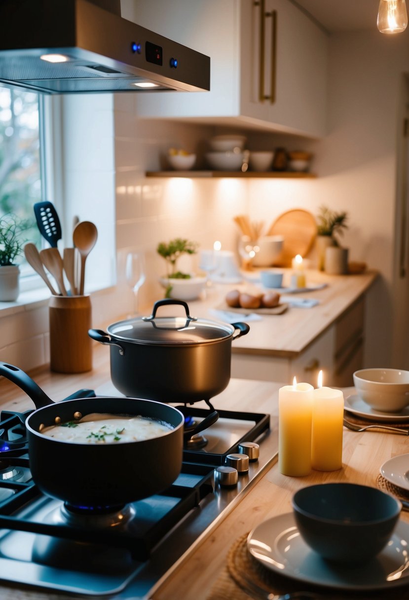 A cozy kitchen with two sets of cooking utensils, a bubbling pot on the stove, and a table set for two with a candlelit centerpiece