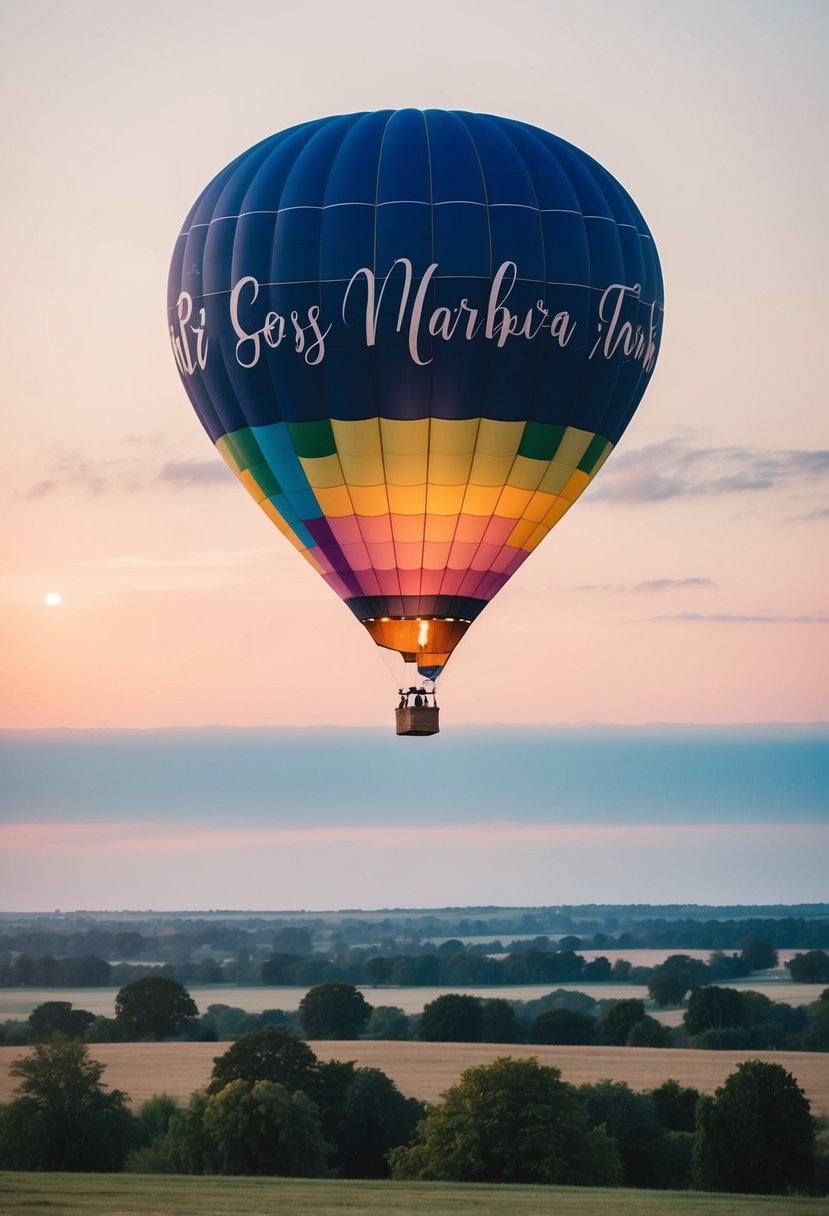 A colorful hot air balloon floats above a serene landscape, with a couple's names written on the side to celebrate their 63rd wedding anniversary