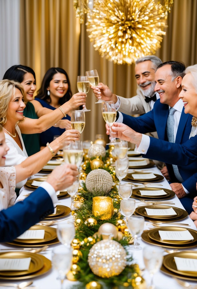 A table set with golden decorations and a sparkling centerpiece, surrounded by happy family members raising a toast