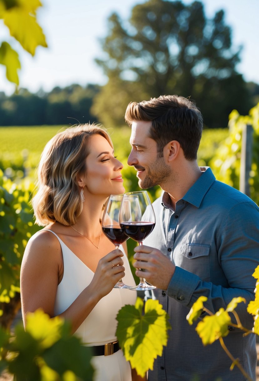 A couple sipping wine at a vineyard on a sunny afternoon