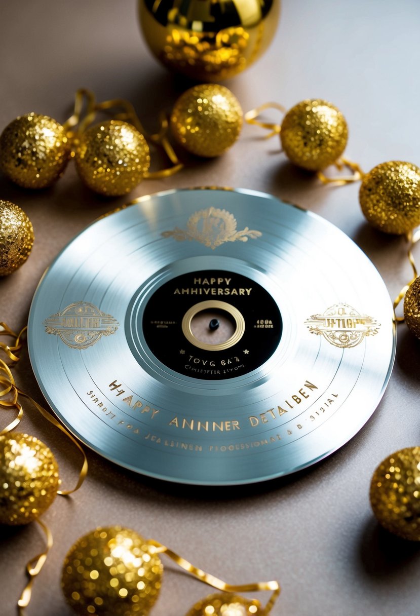 A metallic record with personalized engraving, surrounded by golden anniversary decorations