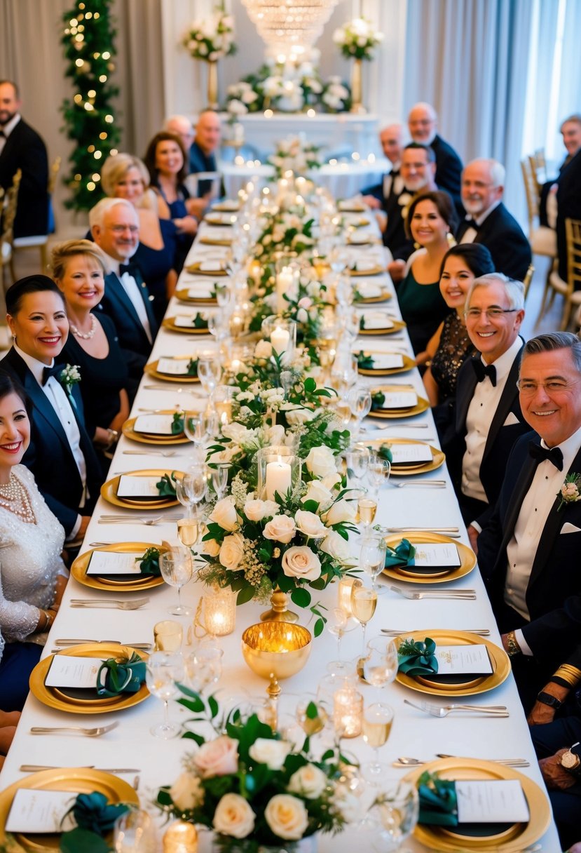 A long dining table adorned with elegant floral centerpieces and golden accents, surrounded by friends and family dressed in formal attire for a 63rd wedding anniversary themed dinner party