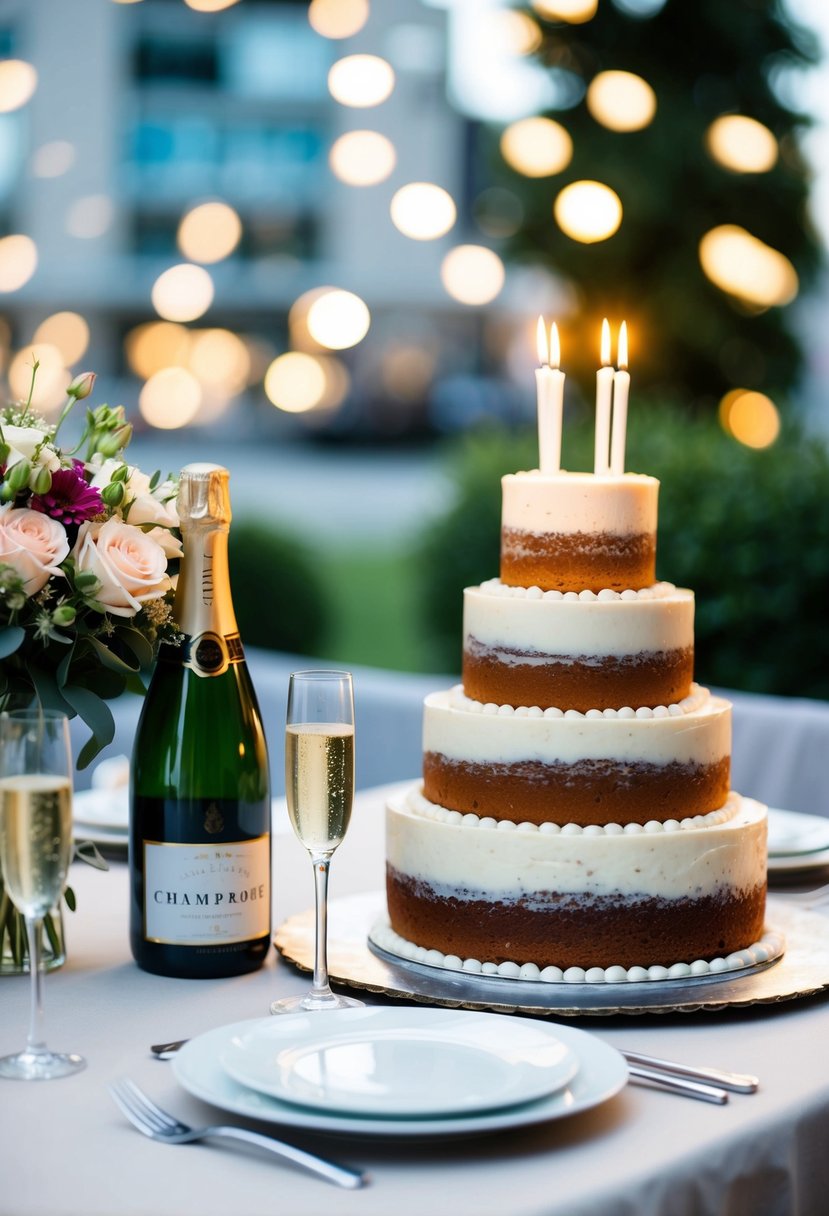 A table set for two with a bouquet of flowers, a bottle of champagne, and a tiered cake adorned with candles