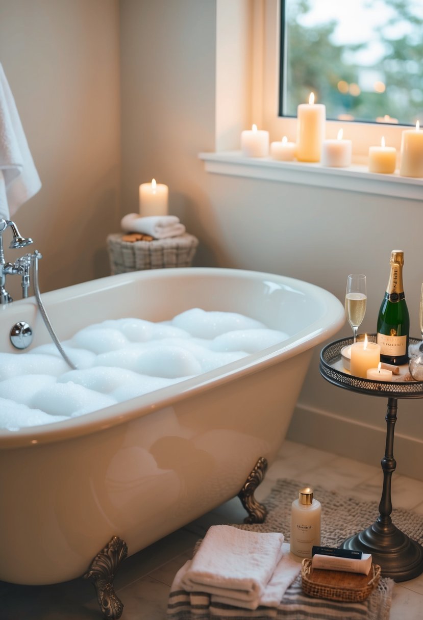 A serene bathroom with a bathtub filled with bubbles, surrounded by candles, towels, and a tray of skincare products and champagne