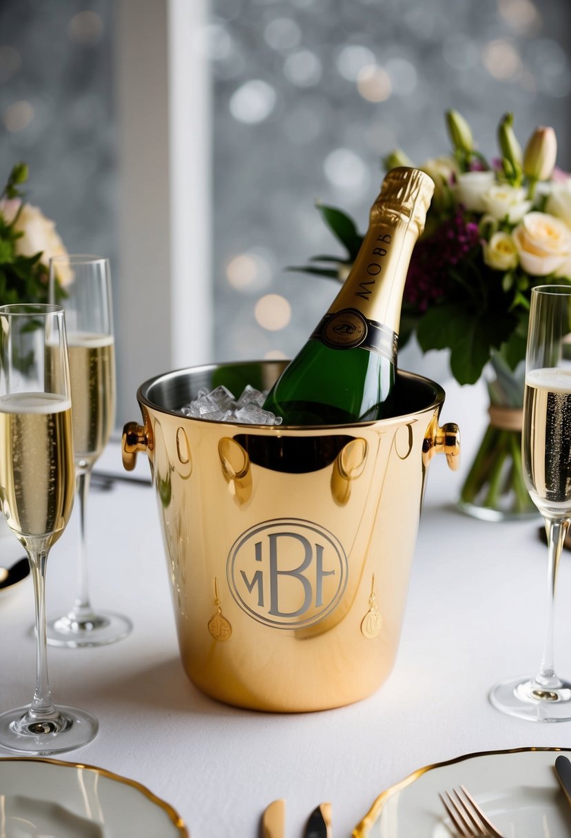 A golden ice bucket with monogrammed initials sits on a table surrounded by champagne flutes and a bouquet of flowers