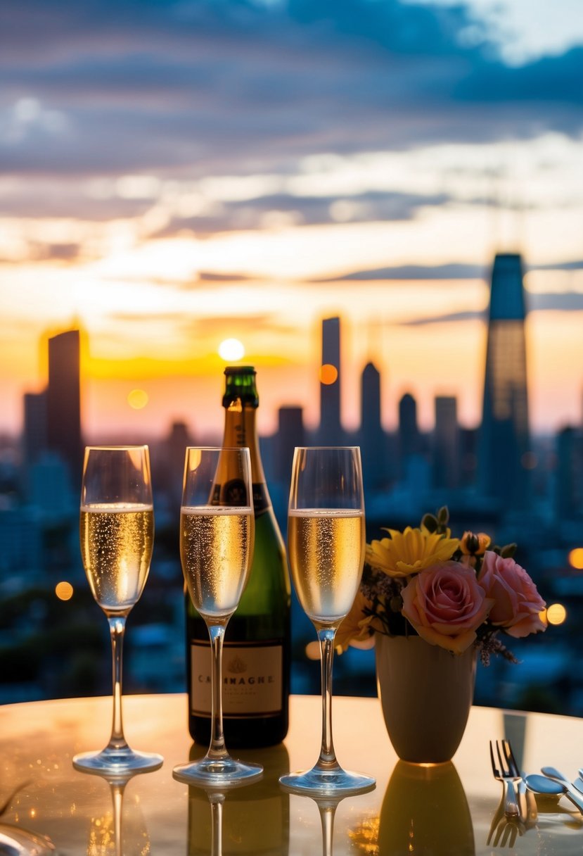 A candlelit table with champagne, flowers, and city skyline at sunset