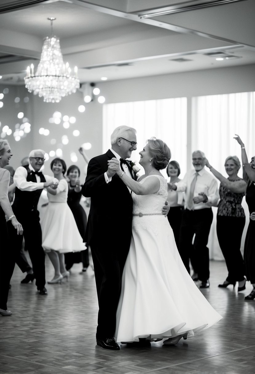 A couple twirls on the dance floor, surrounded by friends and family, celebrating their 63rd wedding anniversary with a lively dance class