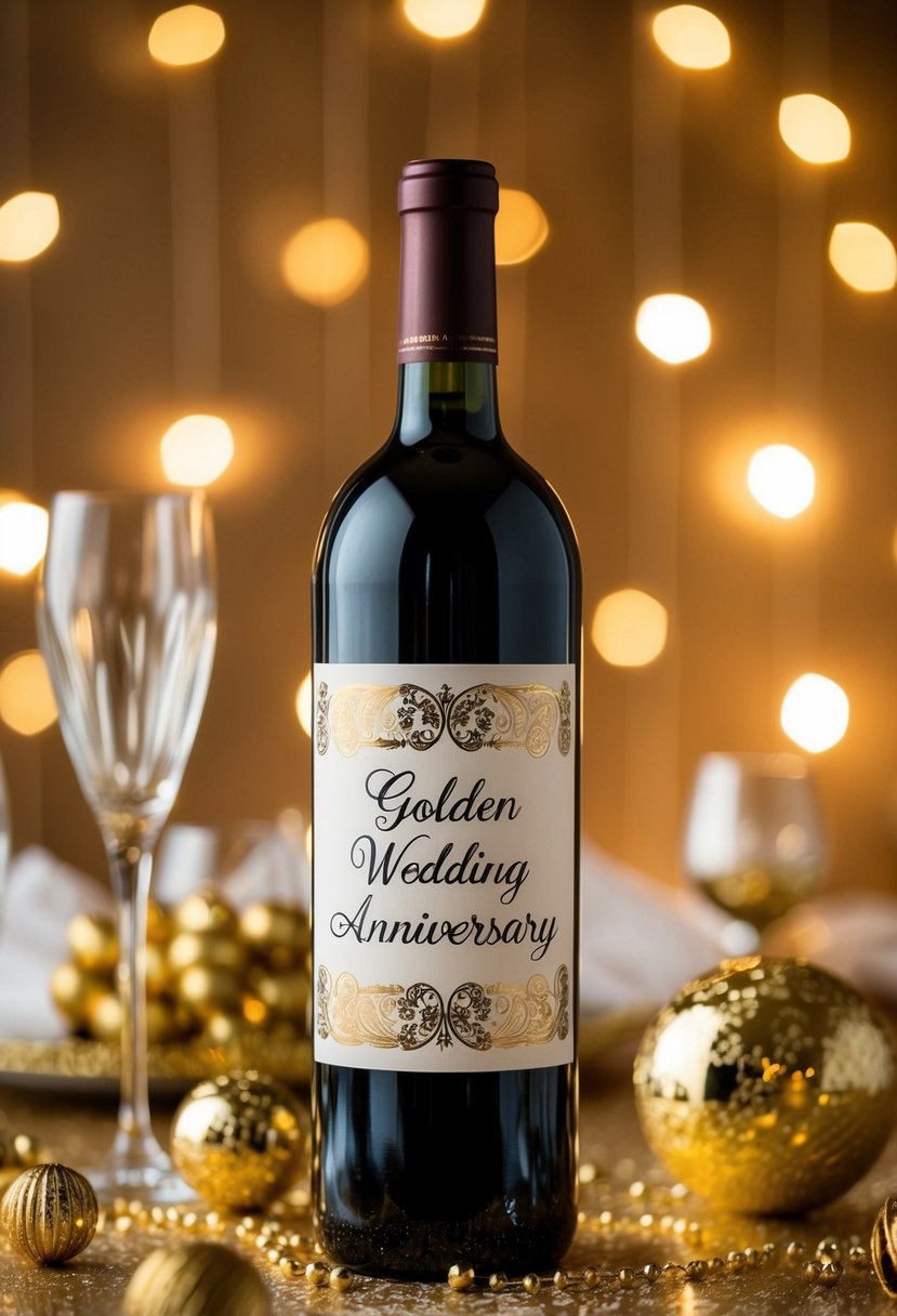 A wine bottle with "Golden Wedding Anniversary" etched on it, surrounded by golden decorations and a warm, celebratory atmosphere