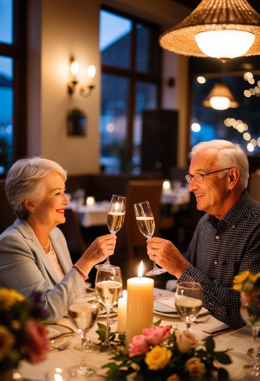 A couple sits at a candlelit table in a cozy restaurant, surrounded by flowers and soft music. They smile and toast to 58 years together