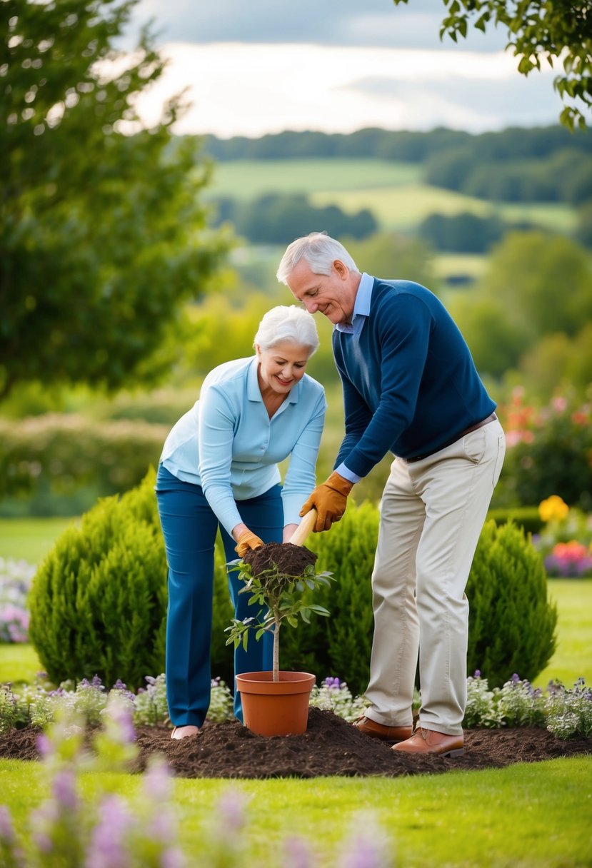 A mature couple planting a tree together in a scenic garden