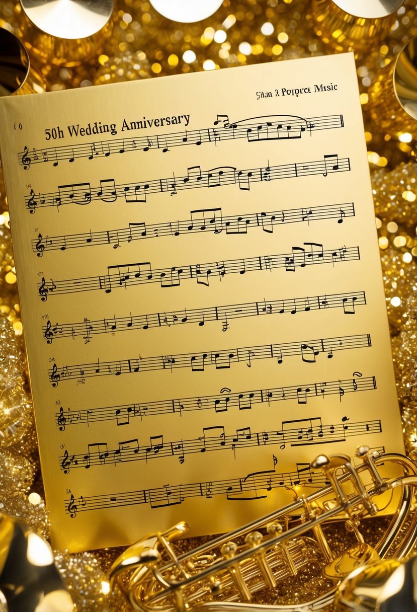 A golden sheet music canvas with musical notes and instruments, surrounded by shimmering gold accents, symbolizing a 50th wedding anniversary celebration