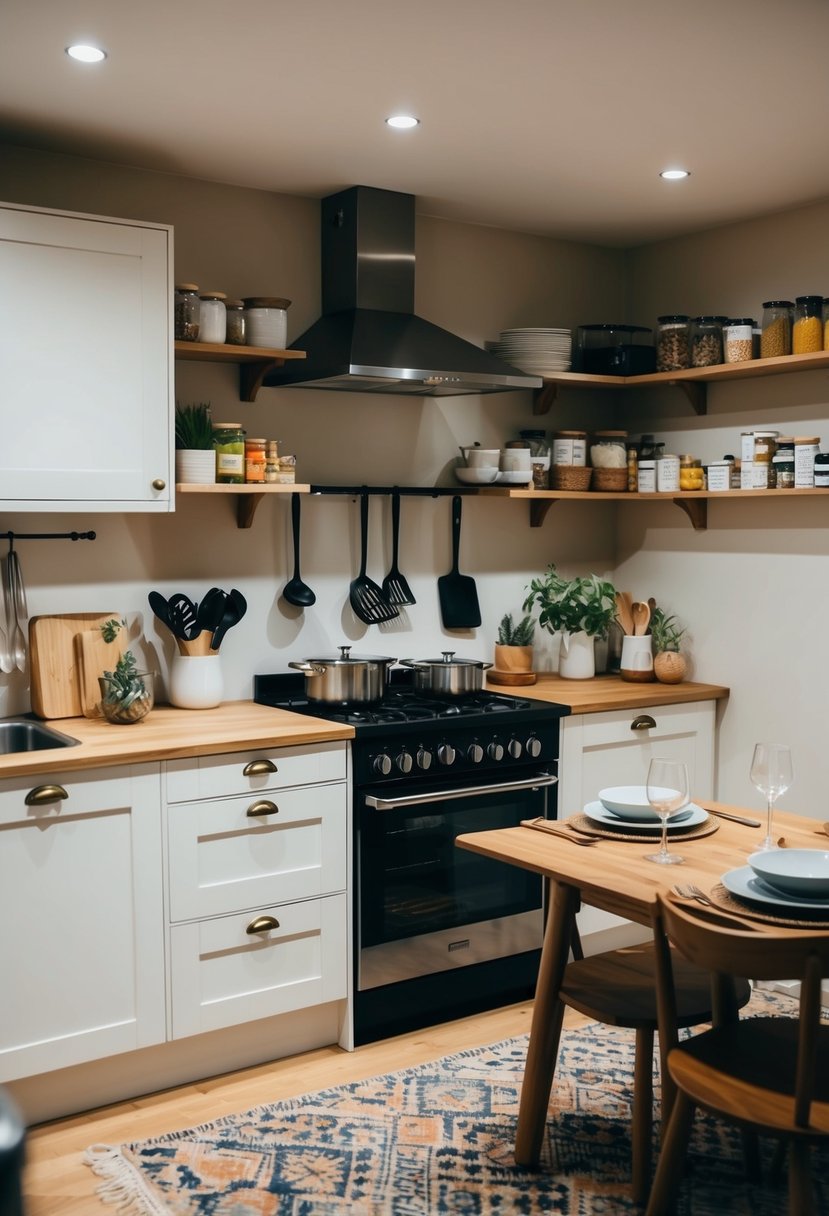 A cozy kitchen with two sets of cooking utensils, a stove, and a dining table set for two, surrounded by shelves of ingredients and recipe books