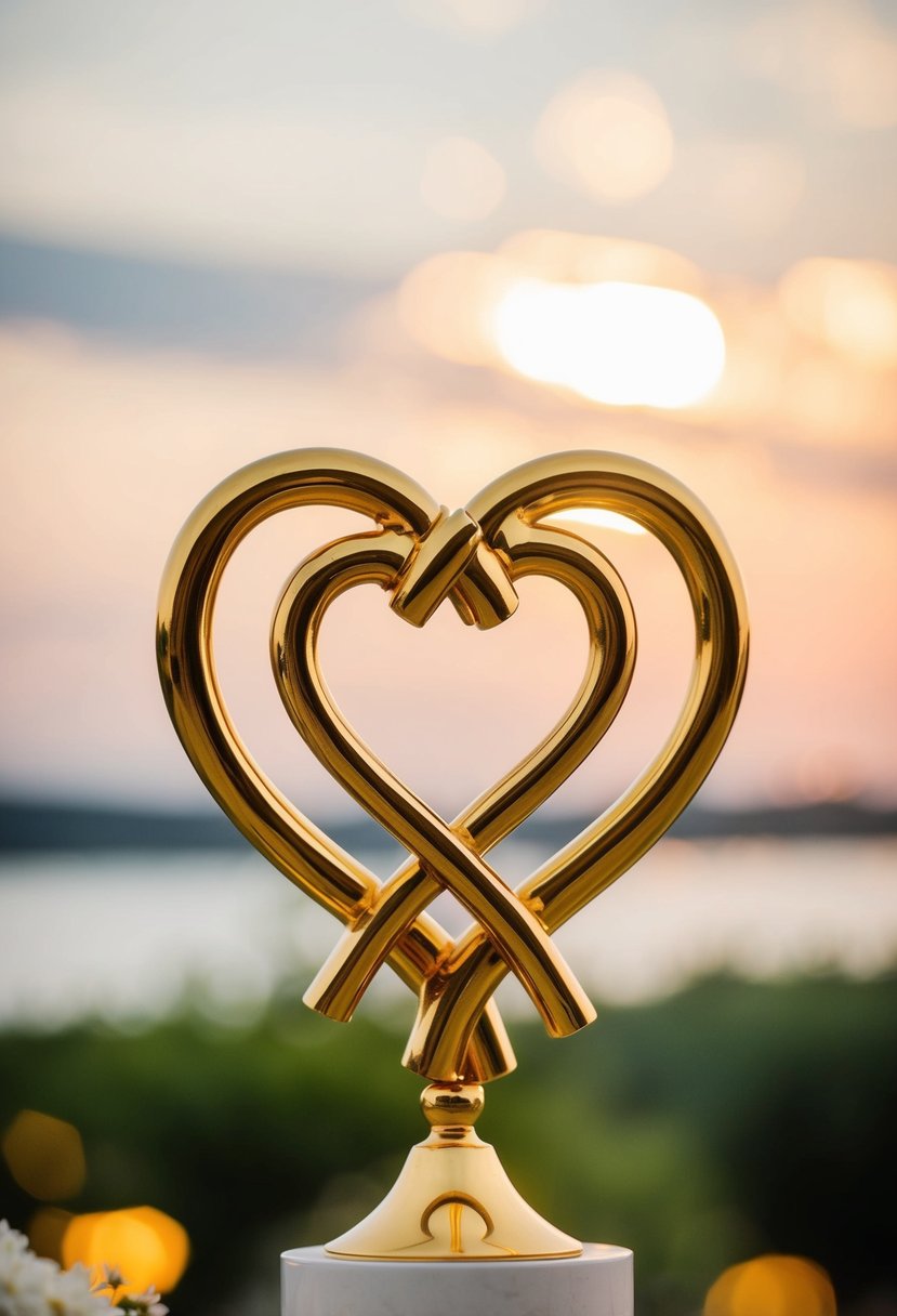 A golden iron sculpture of two hearts crossing, symbolizing a 50th wedding anniversary celebration