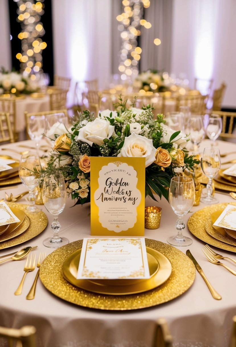 A table adorned with golden party invitations, surrounded by shimmering decorations and elegant floral arrangements for a golden wedding anniversary celebration