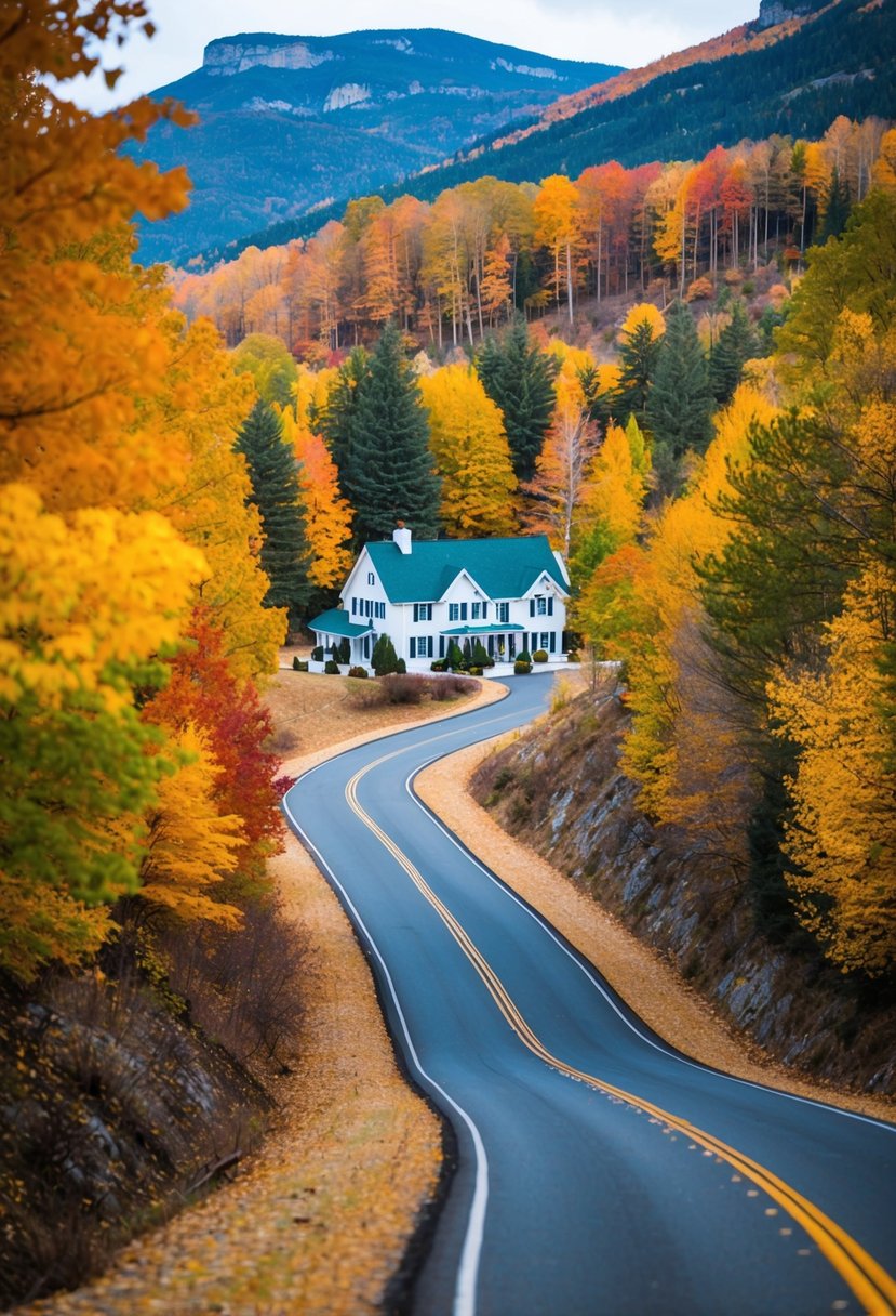 A winding road through colorful autumn trees, leading to a quaint bed and breakfast nestled in the mountains