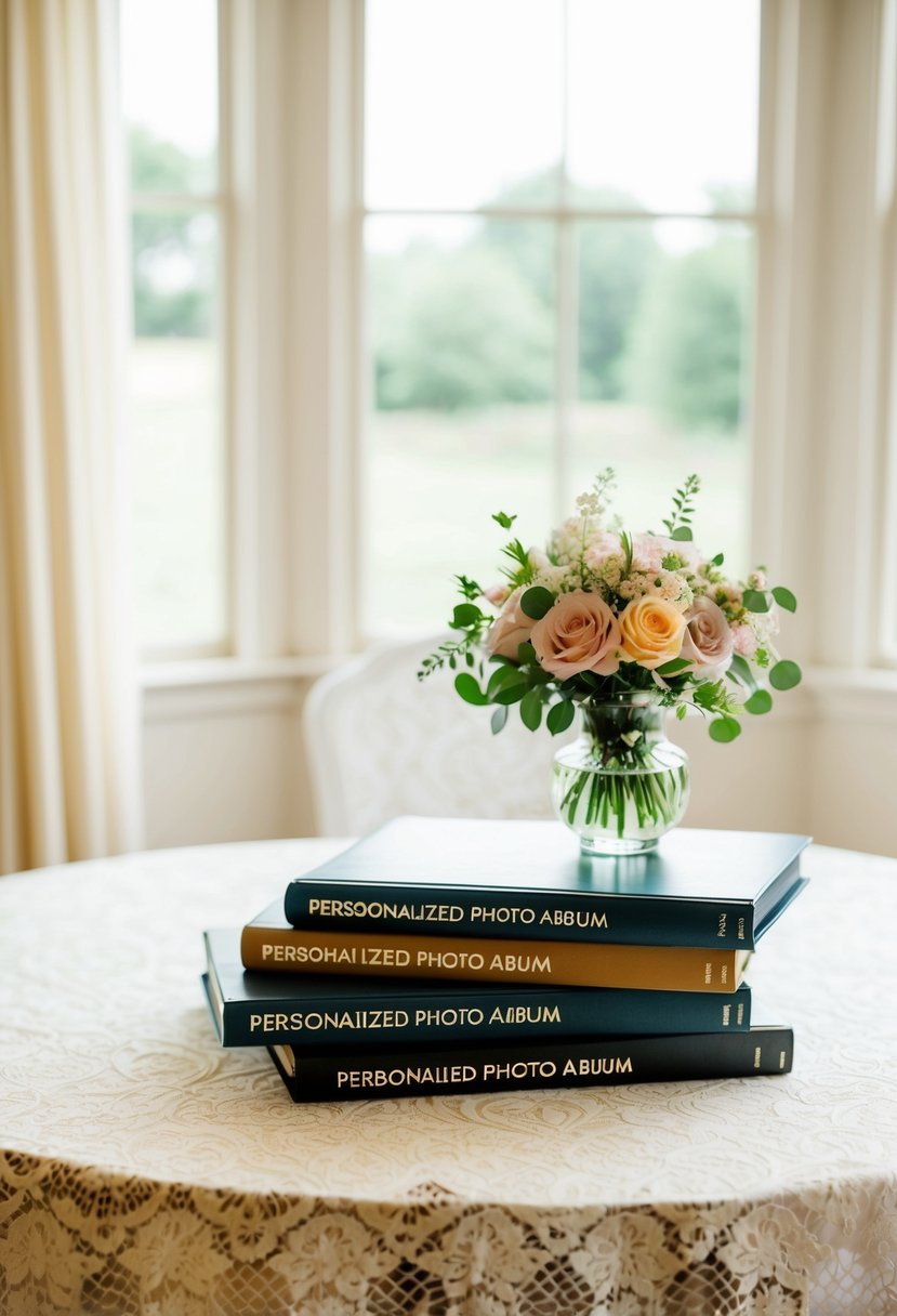 A table set with a lace tablecloth, a vase of flowers, and a stack of personalized photo albums