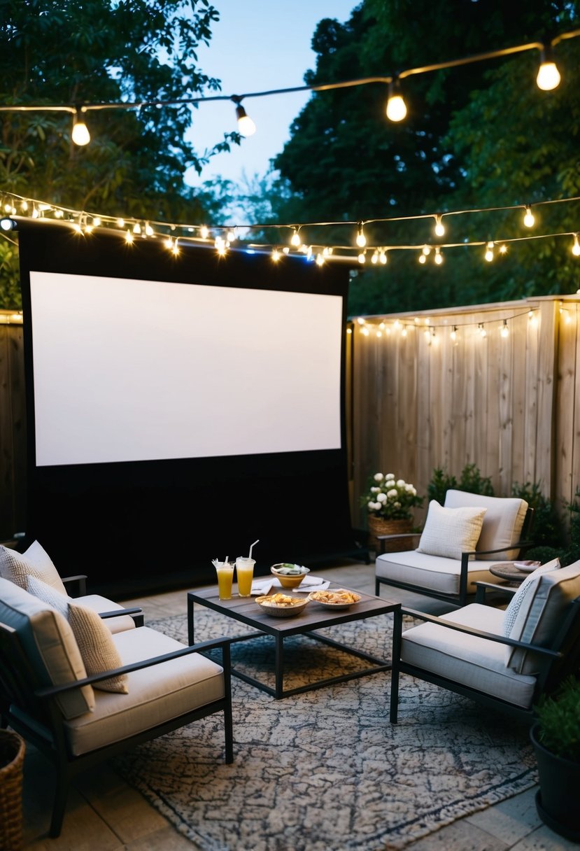 A cozy backyard with a large screen, twinkling string lights, comfortable seating, and a table with snacks and drinks