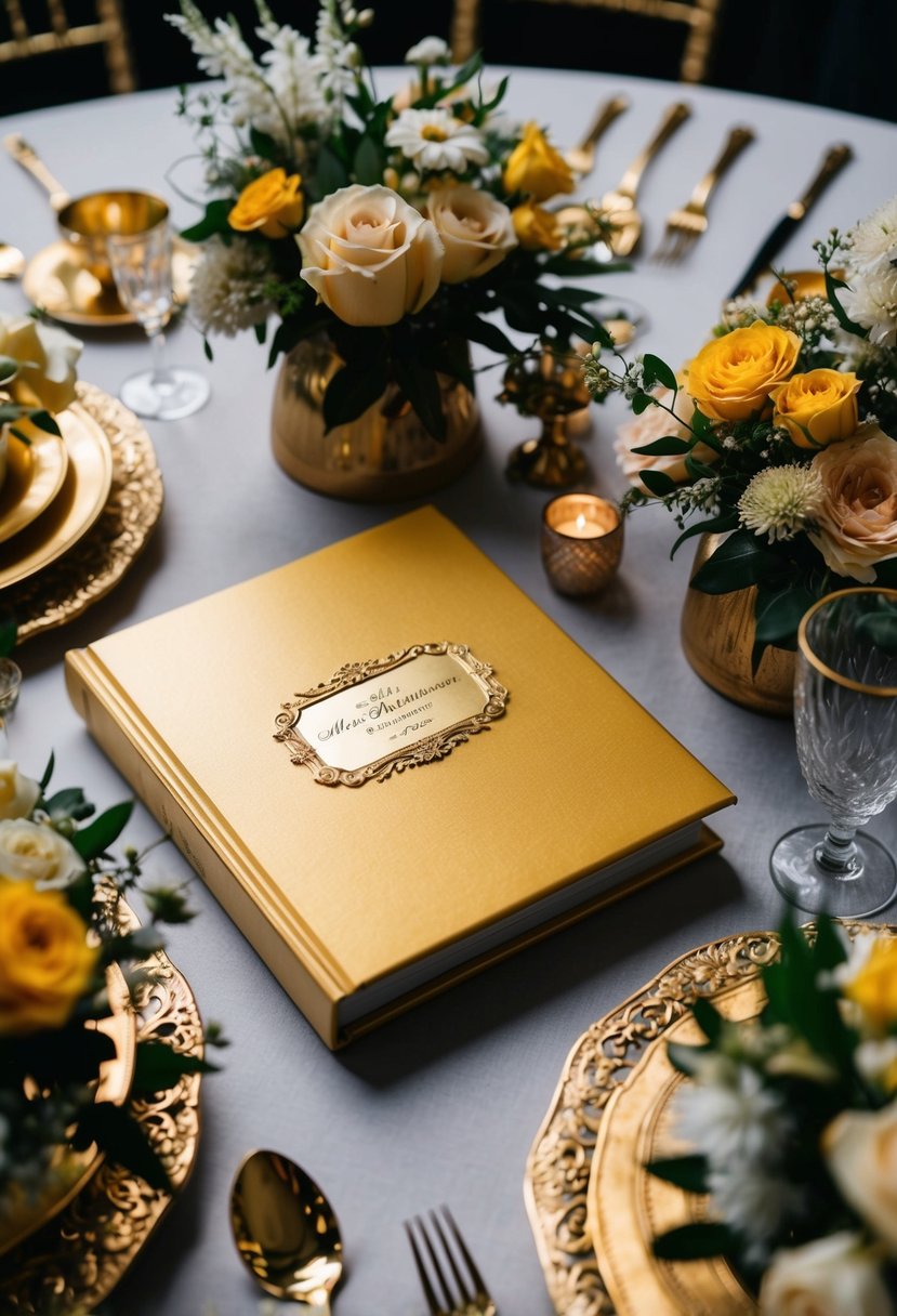 A table set with a golden wedding anniversary photo album surrounded by vintage decorations and flowers