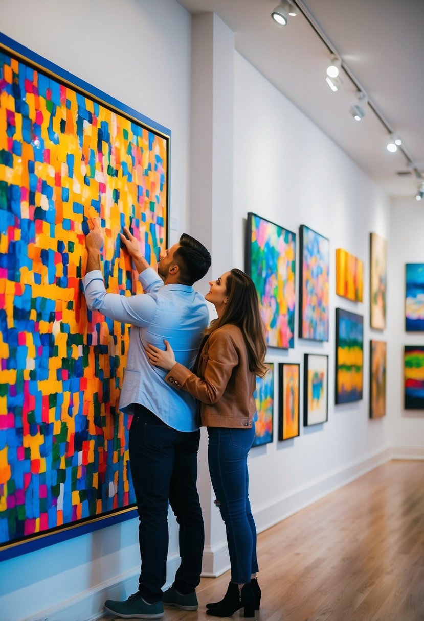 A couple admires a colorful painting in a local art gallery, surrounded by vibrant and diverse works of art