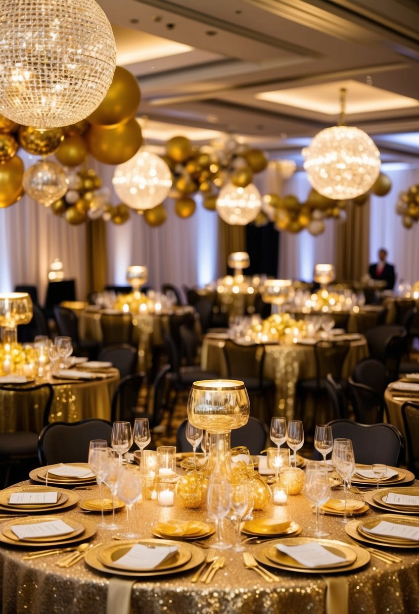 A lavish gold-themed party with shimmering decorations, sparkling table settings, and elegant golden accents throughout the venue