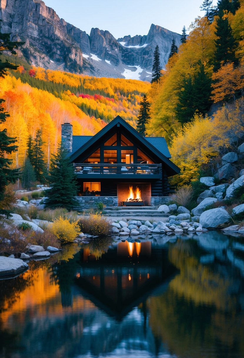 A cozy cabin in the mountains with a warm fireplace, surrounded by colorful autumn foliage and a serene lake