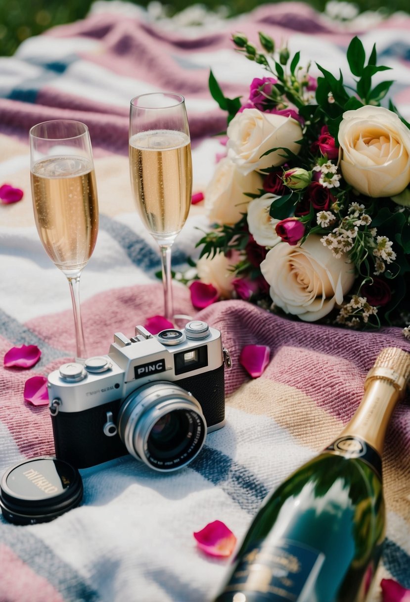 A picnic blanket set up with a vintage camera, champagne glasses, and a bouquet of flowers surrounded by a scattering of rose petals