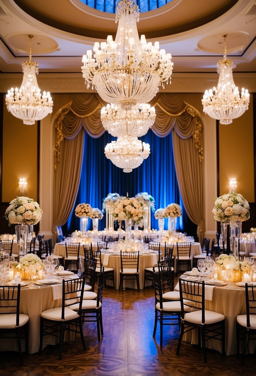 A grand ballroom with chandeliers and ornate decor, set for a golden wedding anniversary celebration