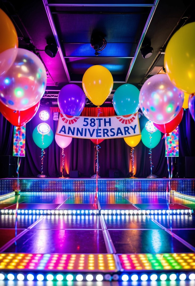 A colorful, festive dance floor with disco lights, balloons, and a "58th anniversary" banner