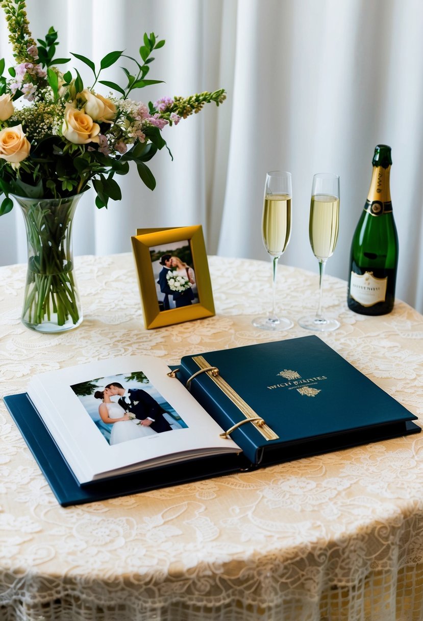 A table set with a lace tablecloth, a vase of flowers, and a photo album open to a wedding picture. Two champagne flutes and a bottle of champagne sit nearby