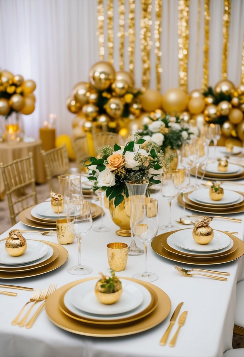 A table set with elegant dishes and drinks, surrounded by golden accents and decorations for a luxurious golden wedding anniversary celebration