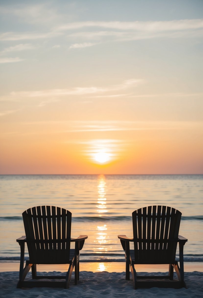 A serene beach with two chairs facing the horizon as the sun rises over the calm ocean