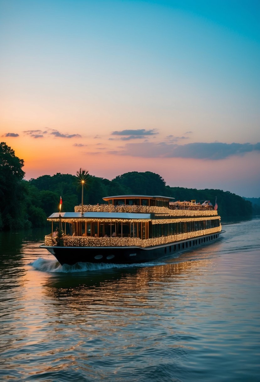 A luxurious riverboat glides through calm waters, adorned with golden decorations and twinkling lights, surrounded by lush greenery and a serene sunset