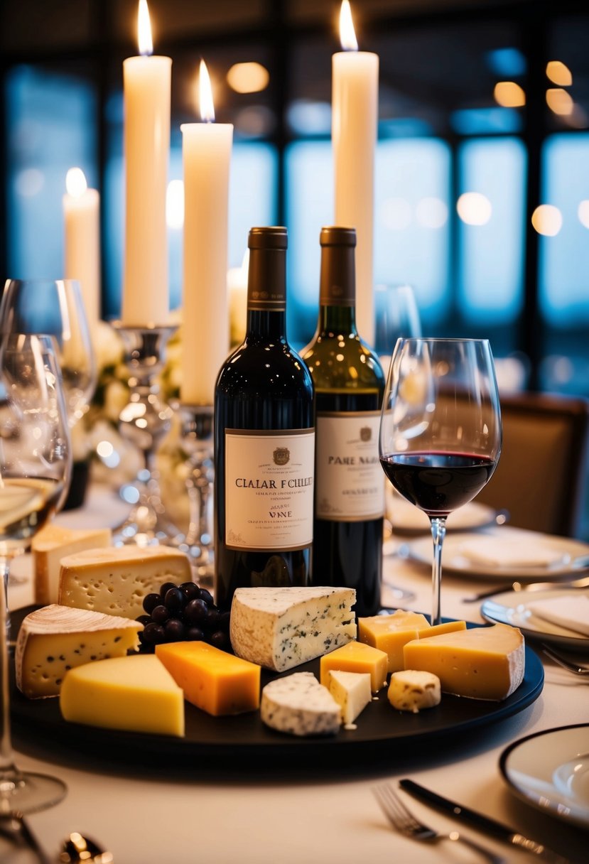 A table adorned with an array of fine cheeses and bottles of wine, surrounded by elegant glassware and flickering candlelight